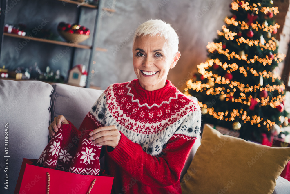 Poster Portrait of pretty aged woman open shop bag new sweater new year xmas garland lights flat indoors