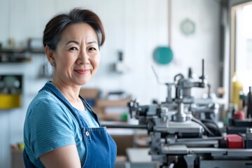 Fototapeta premium a middle-aged Asian woman in a blue overall, smiling confidently at the camera while working on a lathe in a clean, industrial workshop, equipment in the background