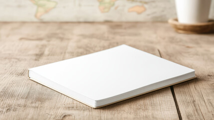 Blank notebook rests on a wooden table with a world map in the background
