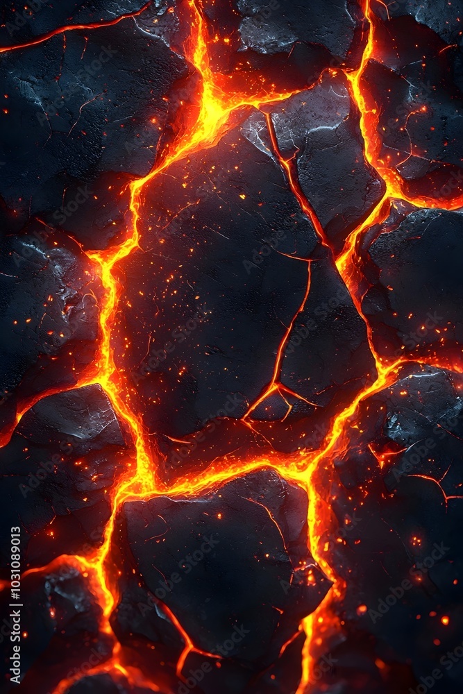 Poster molten lava flows through cracks in the earth's surface, creating a fiery and mesmerizing spectacle.
