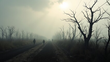 Fototapeta premium Eerie battlefield with soldiers and broken trees in mist
