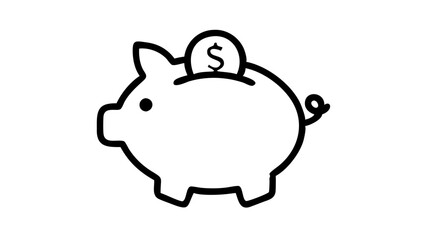 Minimalist black and white piggy bank icon with a coin, isolated on a white background. Ideal for financial services, banking, personal finance blogs, and educational content about saving money.