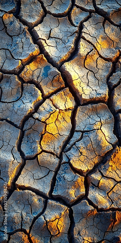 Poster abstract texture of cracked earth with sunlight filtering through, creating a warm and inviting scen