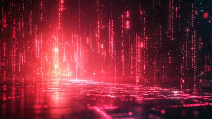 A digital landscape with glowing red binary data, creating a futuristic atmosphere.