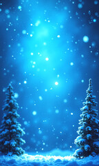 A blue Christmas background with snowflakes falling from the sky and Christmas trees on the sides, creating a beautiful winter scene. Banner, wallpaper, copy space. Vertical.