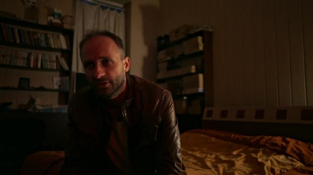 A man sits on his bed in a dimly lit room, sharing a personal story or testimony with a thoughtful expression. This intimate scene evokes a sense of vulnerability and authenticity