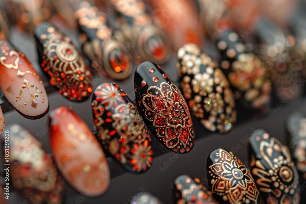 Poster elegant and colorful nail art showcasing intricate designs and vibrant patterns displayed on beautif