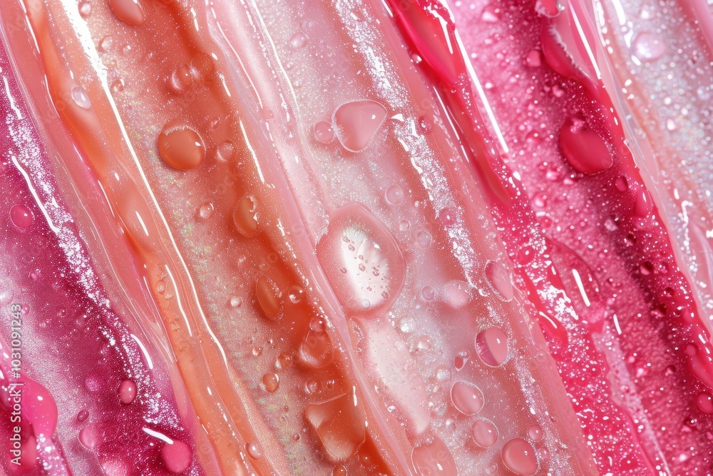 Poster colorful liquid textures arranged in vibrant stripes, showcasing various shades of pink and red with