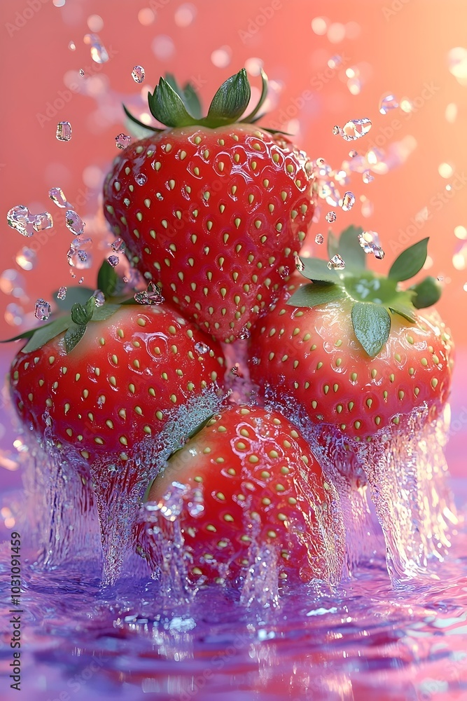 Poster a cluster of fresh, ripe strawberries is splashed with water, creating a vibrant and refreshing imag