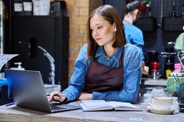 Young woman coffee shop worker in apron using laptop computer at bar counter