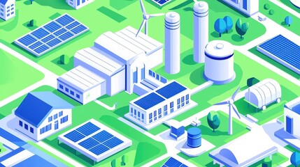 A colorful illustration of a sustainable energy community featuring solar panels, wind turbines, and eco-friendly buildings.