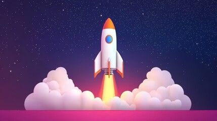 A colorful rocket launching into space, surrounded by clouds and a starry backdrop.