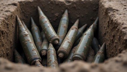 Cluster of mortar shells in trench tips up mud caked casings
