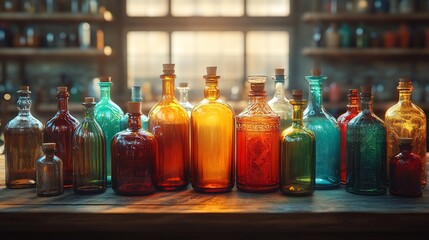 A collection of colorful vintage bottles displayed on a wooden table in a warm setting.