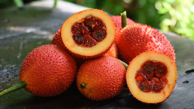 Fresh gac fruits on an old wooden background.