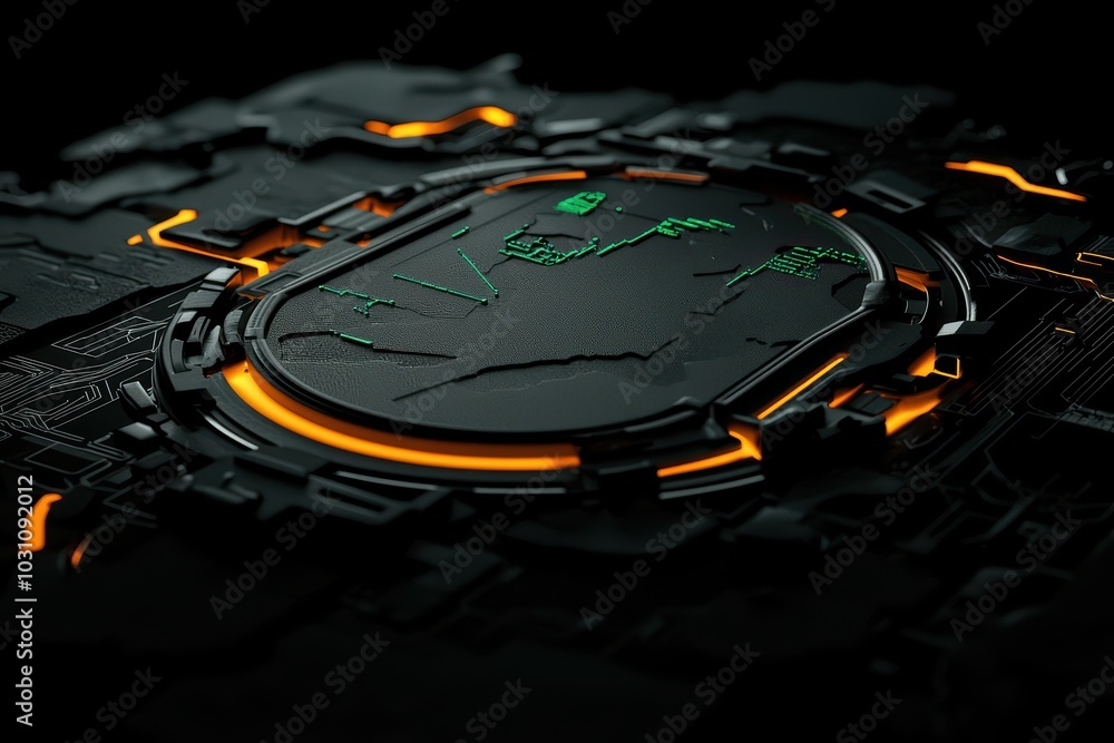 Poster a futuristic circuit board design with glowing elements and intricate patterns, showcasing advanced 