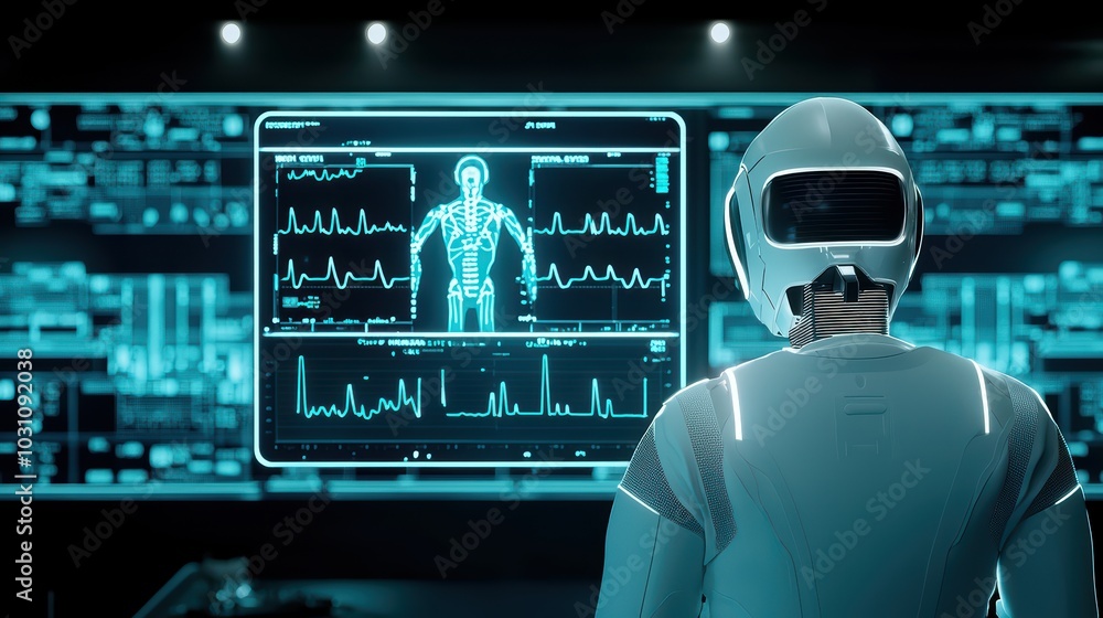 Poster a futuristic robot observing medical data on a screen in a high-tech environment.
