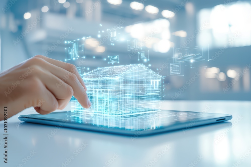 Poster a hand interacting with a digital tablet displaying a holographic house design, symbolizing innovati