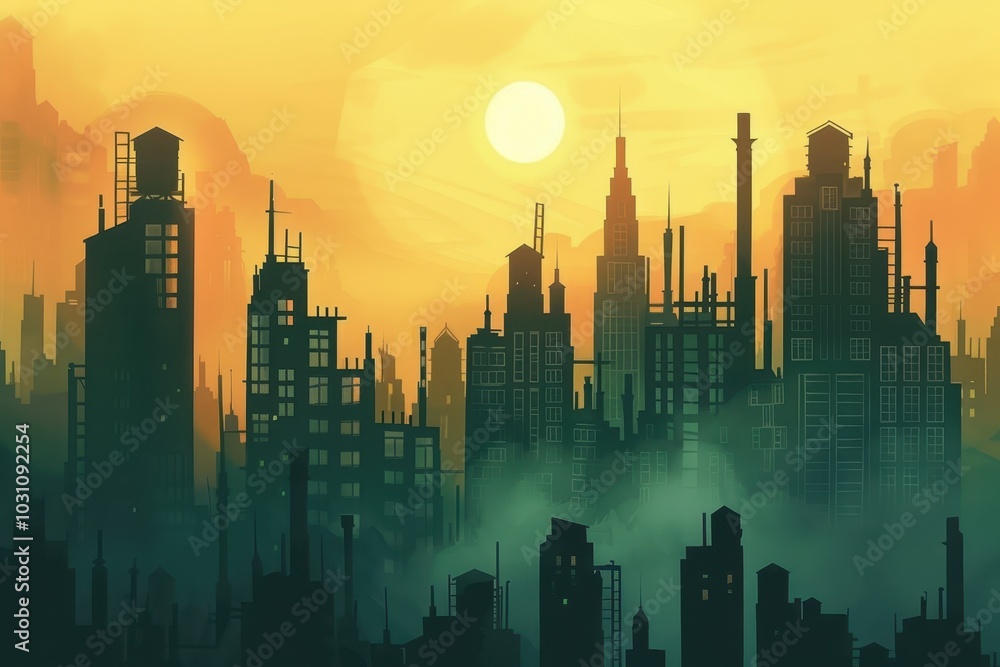 Fototapete A futuristic cityscape under an atmospheric sky filled with clouds, showcasing tall skyscrapers and glowing windows at dusk