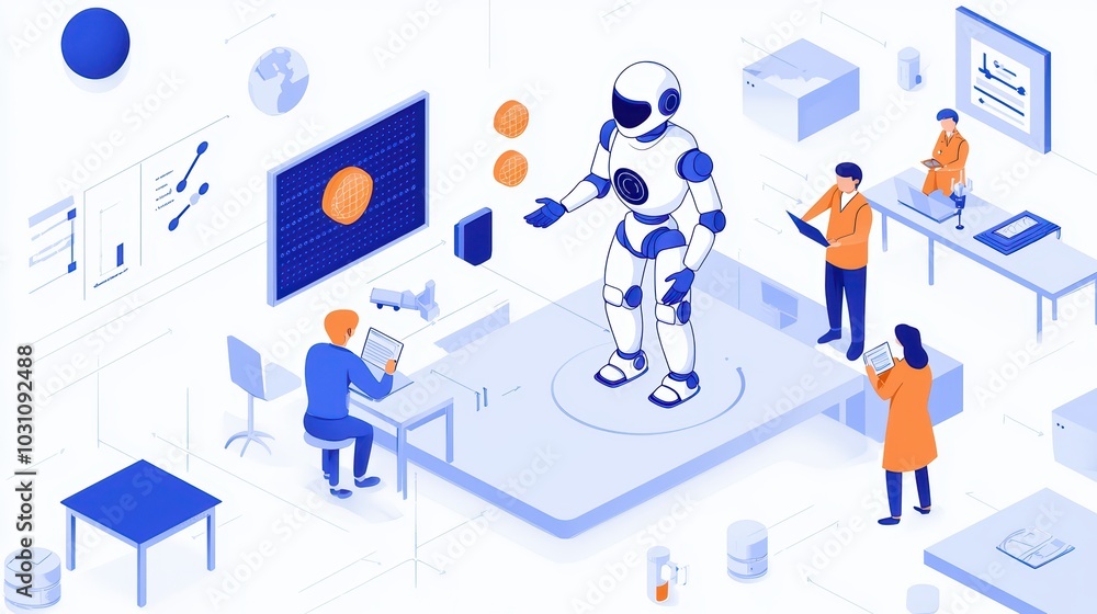 Poster a modern workspace with a humanoid robot, showcasing advanced technology and collaboration in a crea