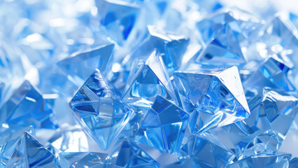 Close-up of blue crystal pyramid shapes with light reflections