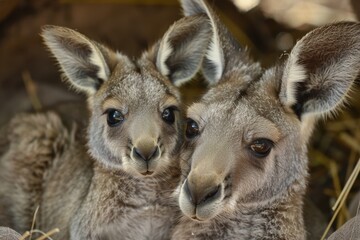 Fototapeta premium Young kangaroo resting among foliage in a natural habitat during daylight in Australia, showcasing its curious expression and natural fur patterns