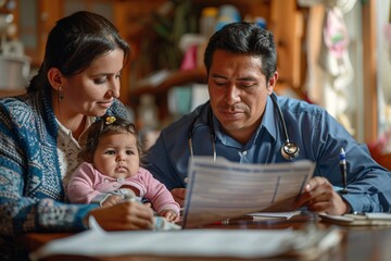 Fototapeta premium A doctor discusses medical information with a couple while they hold their infant. The warm atmosphere highlights their attentive engagement in the conversation