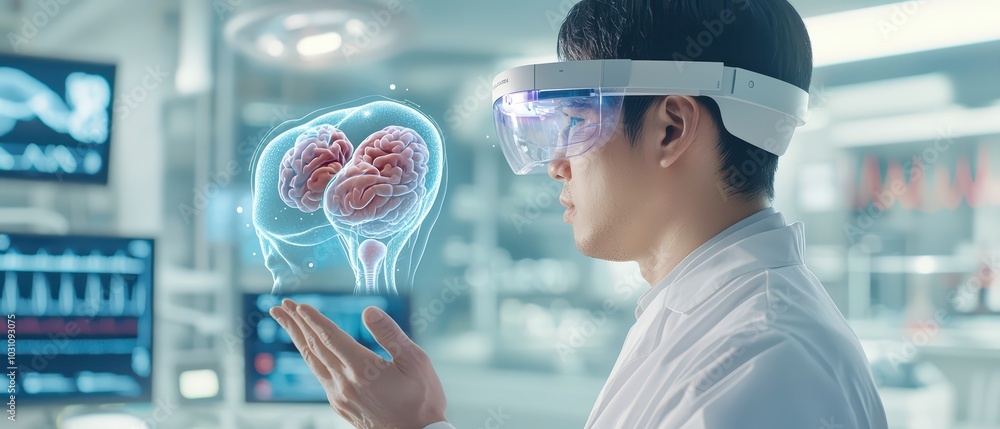 Poster a scientist in advanced glasses interacts with a holographic brain model in a modern lab setting.