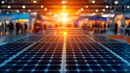 A Futuristic Display of Innovative Solar Panel Technology, Highlighting Different Types and Designs in a Tech Expo Setting.