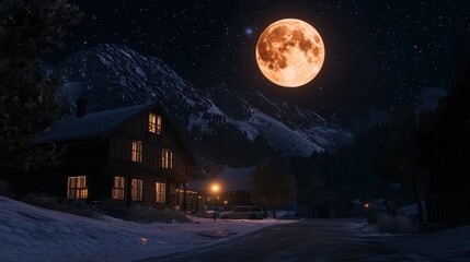 Naklejka premium A serene winter night scene featuring a cabin illuminated by moonlight, surrounded by mountains under a starry sky.