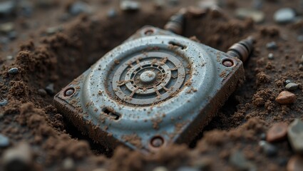 Danger lurks below the surface rusty landmine half buried in muddy battlefield