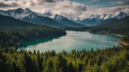 A serene mountain lake nestled amidst a lush forest, with snow-capped peaks in the distance and a cloudy sky overhead.