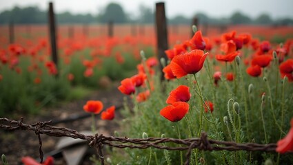 Vibrant poppies bloom amidst old battlefield remnants