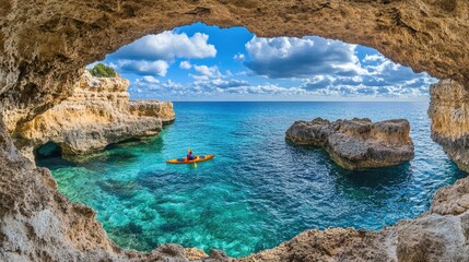 Kayaker in Scenic Coastal Cave View