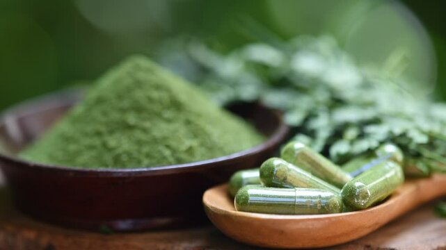 Moringa oleifera or Moringa  fresh leaves, powder,flower and powder in capsule on natural  background.