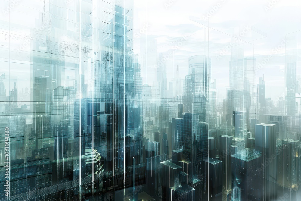 Poster a futuristic cityscape with towering glass structures and floating platforms illuminated by vibrant 