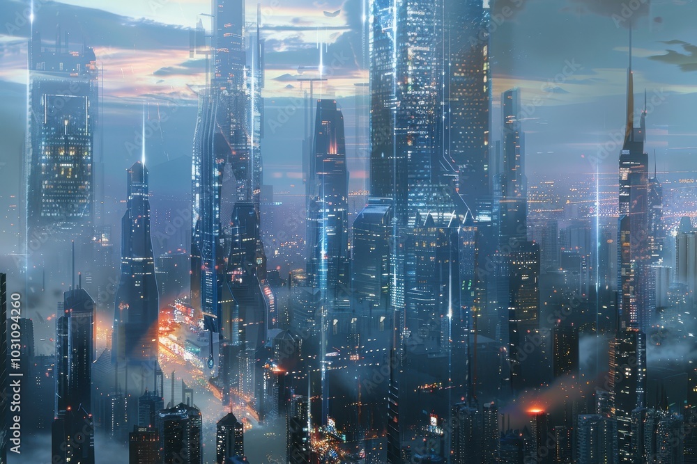 Poster a futuristic cityscape with towering glass structures and floating platforms illuminated by vibrant 