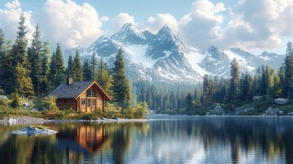 Fototapeta premium A serene lakeside cabin surrounded by mountains and lush forests under a clear sky.