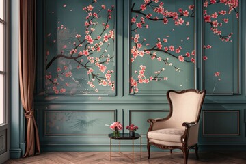 Elegant living room featuring floral wall art, a teal sofa, and a wooden coffee table in a bright space with natural light, creating a cozy and inviting atmosphere