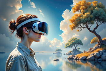 Woman wearing vr headset exploring virtual landscape