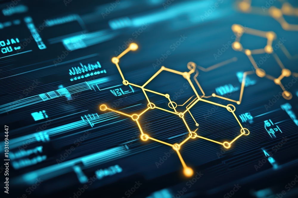 Poster abstract molecular structure with glowing elements on a digital background.