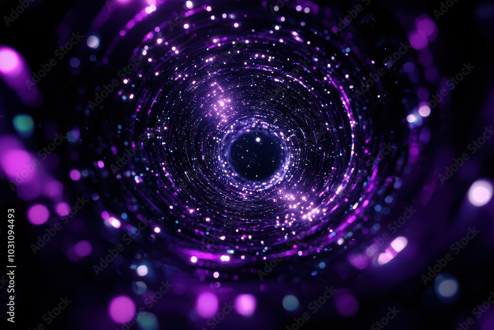 Poster abstract view into a swirling vortex of purple light and particles, creating a cosmic and dreamlike 