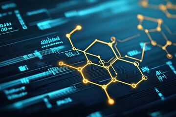 Obraz premium Abstract molecular structure with glowing elements on a digital background.