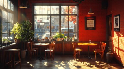 Obraz premium Cozy cafe interior with wooden furniture and bright sunlight filtering through large windows.