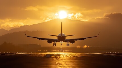Airplane landing during sunset with mountains in the background, creating a dramatic silhouette effect.