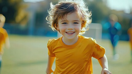 Young youngsters compete in a game of kids soccer football on a soccer field. Banner