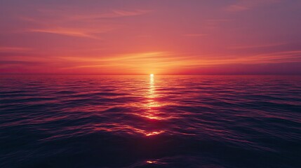 A vibrant sunset over the ocean with a long, thin beam of light reflecting off the water.