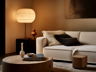 Modern minimalist interior closeup of textured lampshade in neutral color. Statement lighting. Rustic and ambient lighting. 