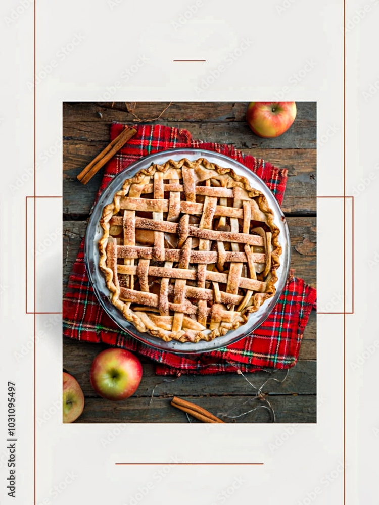 Poster apple pie with cinnamon on a wooden table with a red cloth, top view