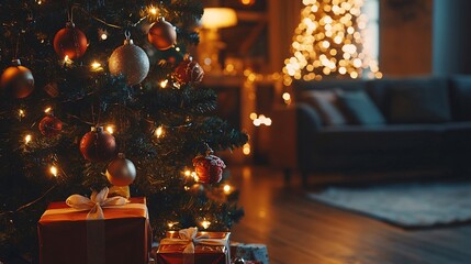 Festive Christmas tree decorated with glowing lights and ornaments in a cozy living room, with gifts underneath, copy space